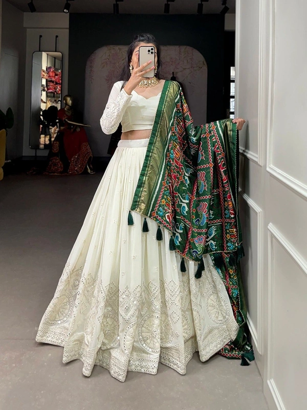 Azorte Fashion Lucknowi Mirror Work Georgette Lehenga | Dola Silk Dupatta | Wedding & Party Wear - Dark Green, Stitched, Unstitched Blouse