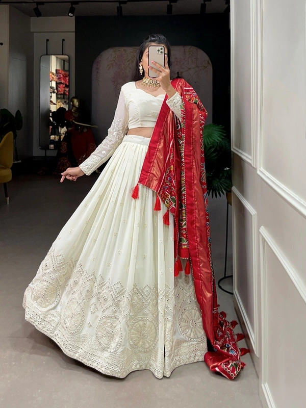 Azorte Fashion Lucknowi Mirror Work Georgette Lehenga | Dola Silk Dupatta | Wedding & Party Wear - Red, Stitched, Unstitched Blouse