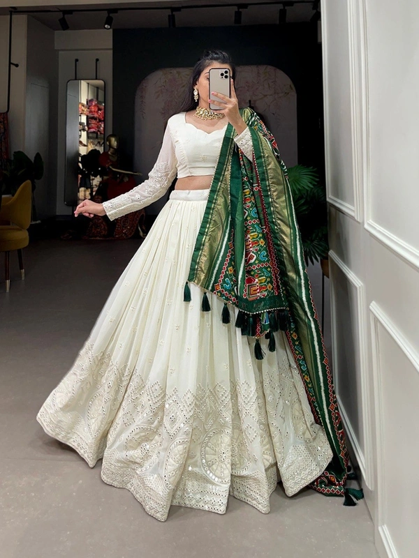 Azorte Fashion Lucknowi Mirror Work Georgette Lehenga | Dola Silk Dupatta | Wedding & Party Wear - Dark Green, Stitched, Unstitched Blouse