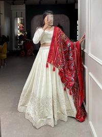 Azorte Fashion Lucknowi Mirror Work Georgette Lehenga | Dola Silk Dupatta | Wedding & Party Wear - Red, Stitched, Unstitched Blouse