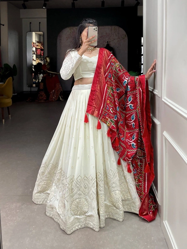 Azorte Fashion Lucknowi Mirror Work Georgette Lehenga | Dola Silk Dupatta | Wedding & Party Wear - Red, Stitched, Unstitched Blouse