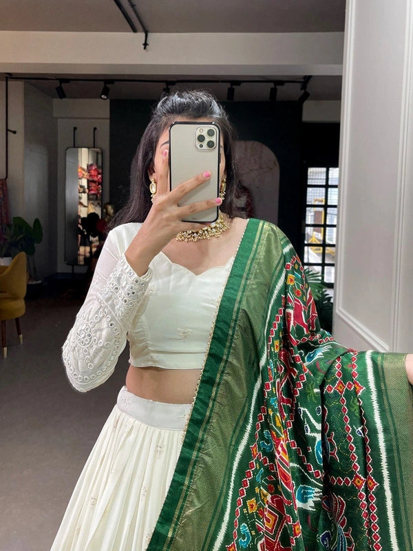 Azorte Fashion Lucknowi Mirror Work Georgette Lehenga | Dola Silk Dupatta | Wedding & Party Wear - Dark Green, Stitched, Unstitched Blouse