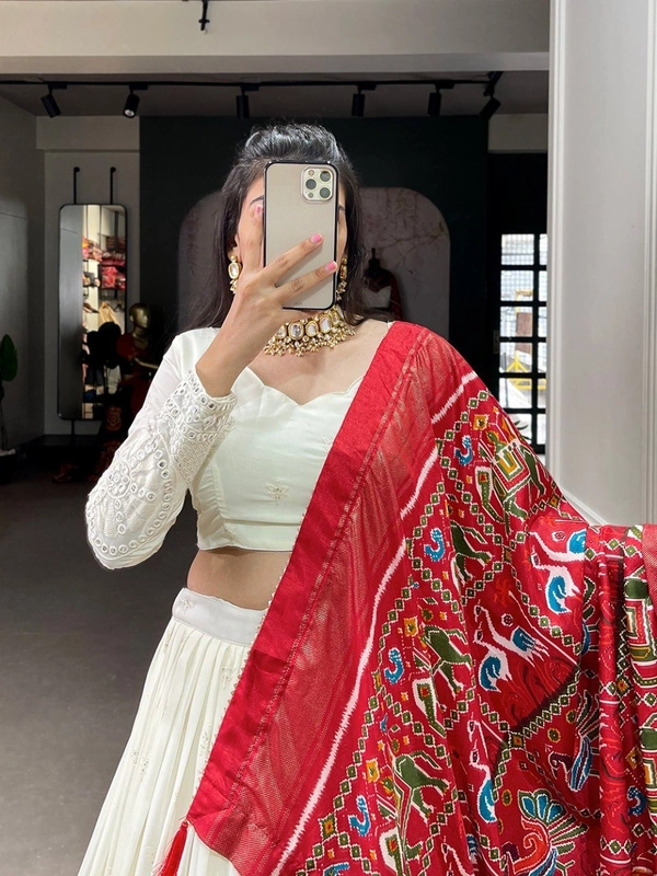 Azorte Fashion Lucknowi Mirror Work Georgette Lehenga | Dola Silk Dupatta | Wedding & Party Wear - Red, Stitched, Unstitched Blouse
