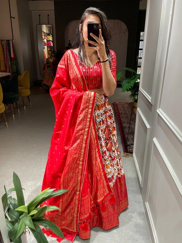 Azorte Fashion Dola Silk Patola Print Lehenga | Foil Work Dupatta | Festive & Wedding Wear - Stitched, Unstitched Blouse