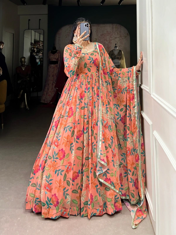 Azorte Fashion Floral Georgette Gown | Lightweight & Elegant | Ready-to-Wear - Chest Size: 42" (adjustable from 38" to 42")