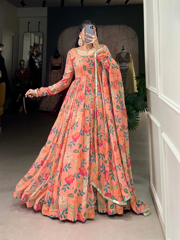 Azorte Fashion Floral Georgette Gown | Lightweight & Elegant | Ready-to-Wear - Chest Size: 42" (adjustable from 38" to 42")