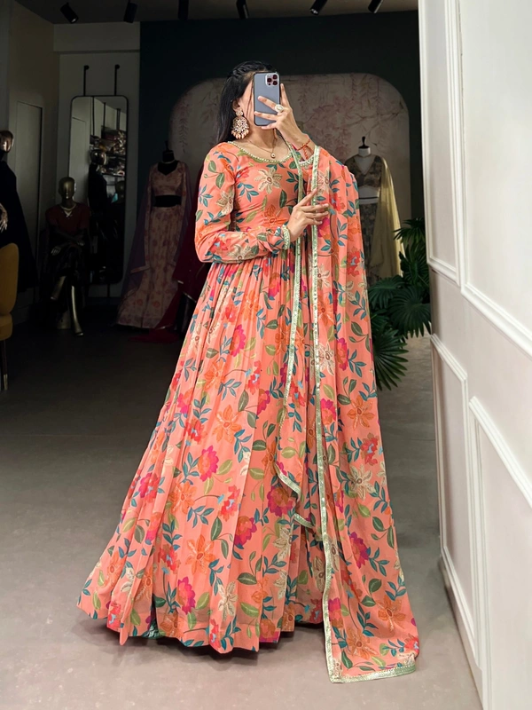 Azorte Fashion Floral Georgette Gown | Lightweight & Elegant | Ready-to-Wear - Chest Size: 42" (adjustable from 38" to 42")