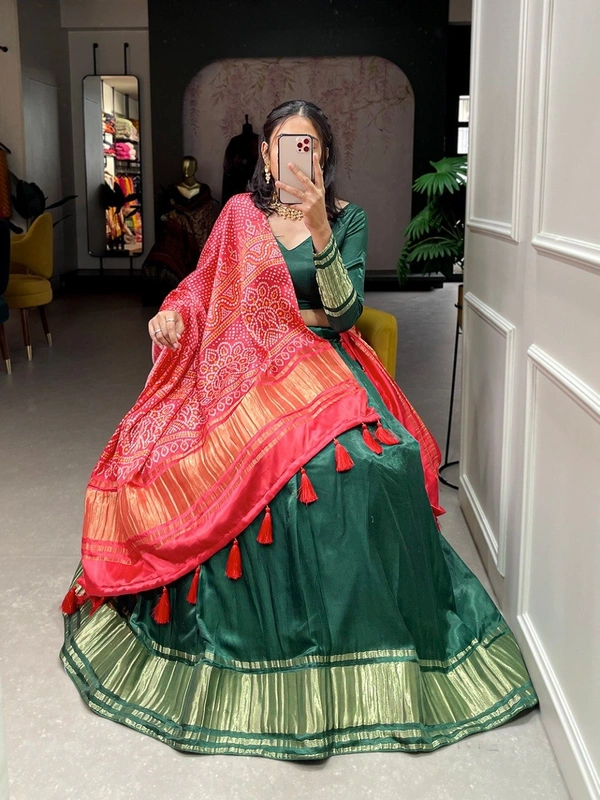 Azorte Fashion Gaji Silk Lehenga Choli | Bandhej-Patola Dupatta | Festive & Wedding Wear - Dark Green, Stitched, Unstitched