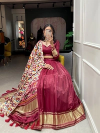 Azorte Fashion Gaji Silk Lehenga Choli | Bandhej-Patola Dupatta | Festive & Wedding Wear - Maroon, Stitched, Unstitched