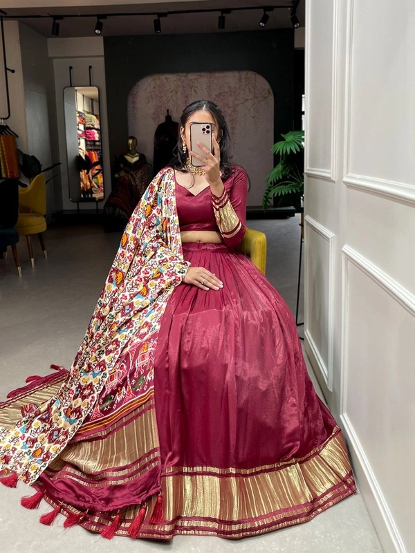 Azorte Fashion Gaji Silk Lehenga Choli | Bandhej-Patola Dupatta | Festive & Wedding Wear - Maroon, Stitched, Unstitched