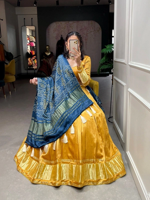 Azorte Fashion Gaji Silk Lehenga Choli | Bandhej-Patola Dupatta | Festive & Wedding Wear - Yellow, Stitched, Unstitched