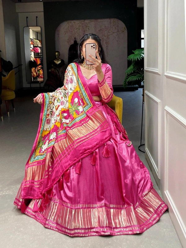 Azorte Fashion Gaji Silk Lehenga Choli | Bandhej-Patola Dupatta | Festive & Wedding Wear - Pink, Stitched, Unstitched