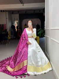 Azorte Fashion Gaji Silk Lehenga Choli | Bandhej-Patola Dupatta | Festive & Wedding Wear - White, Stitched, Unstitched