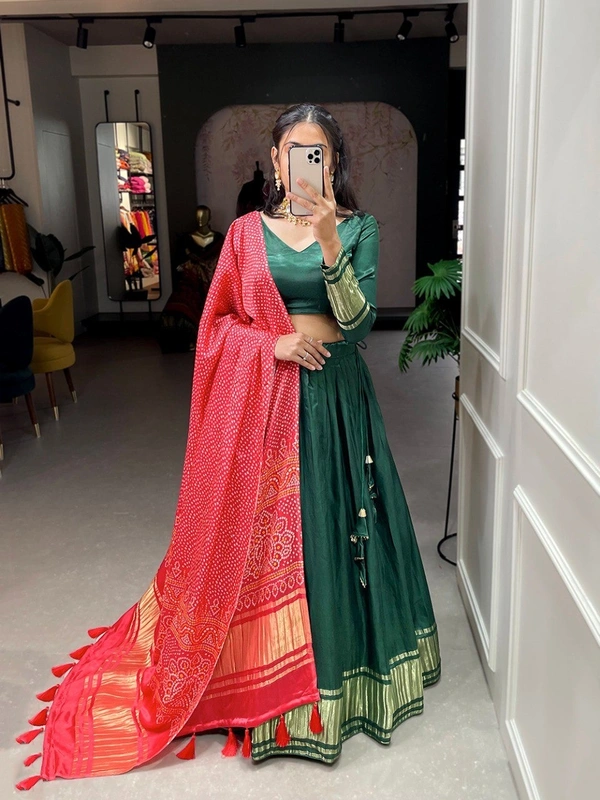 Azorte Fashion Gaji Silk Lehenga Choli | Bandhej-Patola Dupatta | Festive & Wedding Wear - Dark Green, Stitched, Unstitched