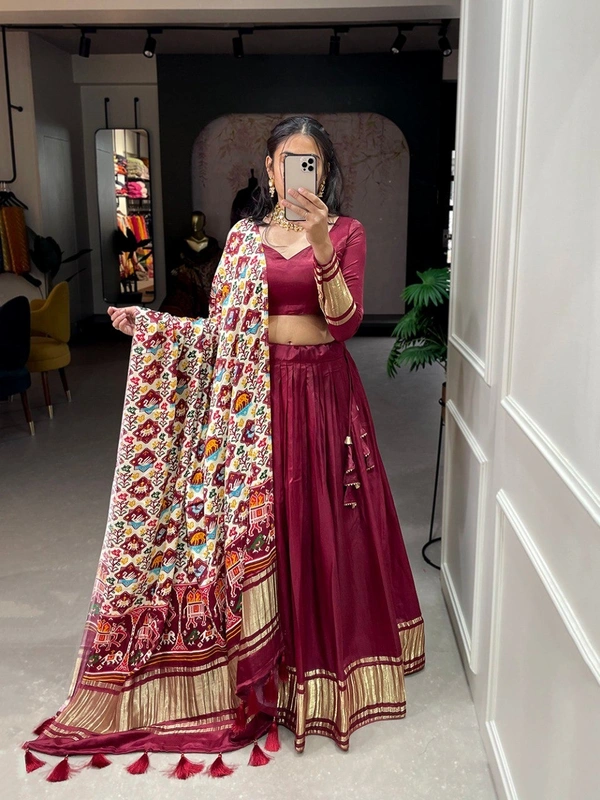 Azorte Fashion Gaji Silk Lehenga Choli | Bandhej-Patola Dupatta | Festive & Wedding Wear - Maroon, Stitched, Unstitched