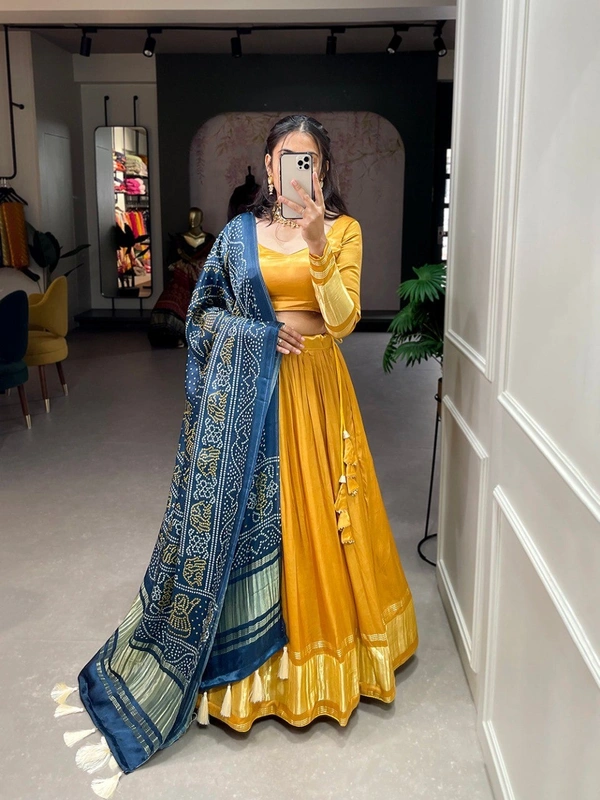 Azorte Fashion Gaji Silk Lehenga Choli | Bandhej-Patola Dupatta | Festive & Wedding Wear - Yellow, Stitched, Unstitched