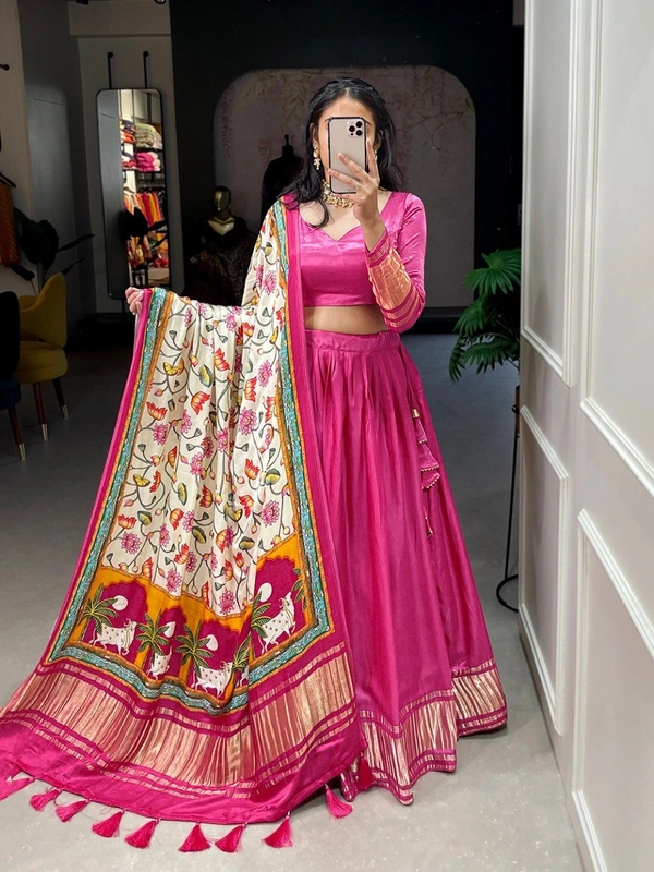 Azorte Fashion Gaji Silk Lehenga Choli | Bandhej-Patola Dupatta | Festive & Wedding Wear - Pink, Stitched, Unstitched