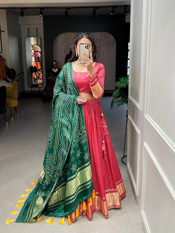 Azorte Fashion Gaji Silk Lehenga Choli | Bandhej-Patola Dupatta | Festive & Wedding Wear - Cerise Red, Stitched, Unstitched