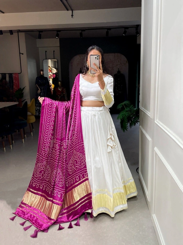 Azorte Fashion Gaji Silk Lehenga Choli | Bandhej-Patola Dupatta | Festive & Wedding Wear - White, Stitched, Unstitched