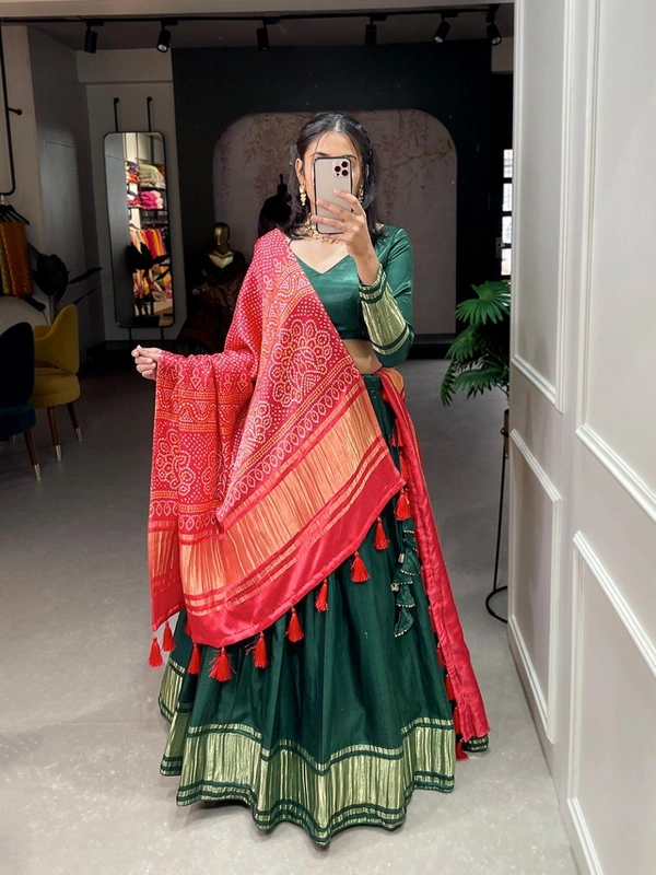 Azorte Fashion Gaji Silk Lehenga Choli | Bandhej-Patola Dupatta | Festive & Wedding Wear - Dark Green, Stitched, Unstitched