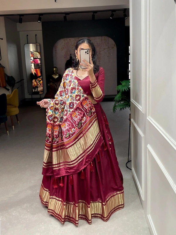 Azorte Fashion Gaji Silk Lehenga Choli | Bandhej-Patola Dupatta | Festive & Wedding Wear - Maroon, Stitched, Unstitched