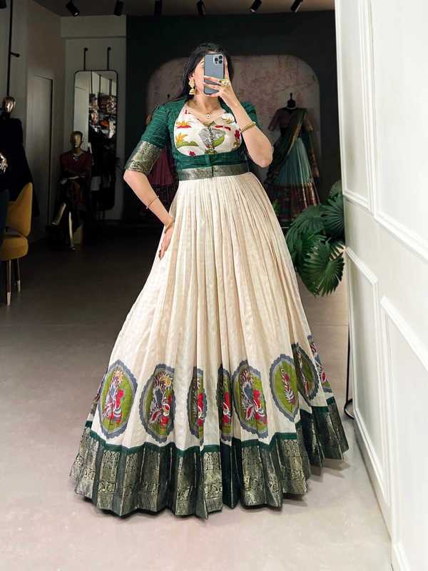 Azorte Fashion Dola Silk Gown with Koti | Kalamkari Print & Zari Weaving | Ready-to-Wear - Green, M