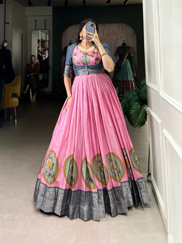 Azorte Fashion Dola Silk Gown with Koti | Kalamkari Print & Zari Weaving | Ready-to-Wear - Pink, L