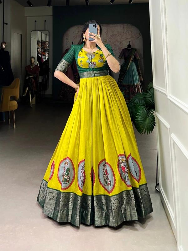 Azorte Fashion Dola Silk Gown with Koti | Kalamkari Print & Zari Weaving | Ready-to-Wear - Yellow, M