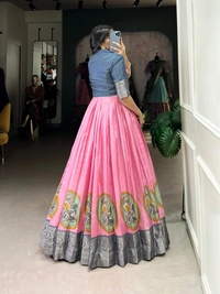 Azorte Fashion Dola Silk Gown with Koti | Kalamkari Print & Zari Weaving | Ready-to-Wear - Pink, L