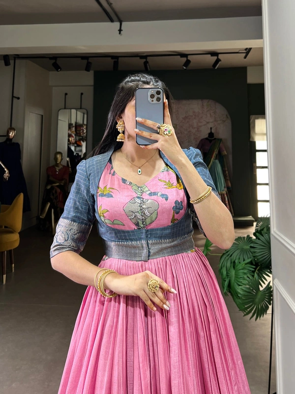 Azorte Fashion Dola Silk Gown with Koti | Kalamkari Print & Zari Weaving | Ready-to-Wear - Pink, L