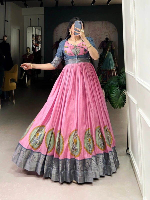 Azorte Fashion Dola Silk Gown with Koti | Kalamkari Print & Zari Weaving | Ready-to-Wear - Pink, L