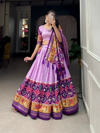 Azorte Fashion Tussar Silk Lehenga Choli | Patola Print & Foil Work | Perfect for Weddings & Festive Wear - Light Wisteria, Stitched, Unstitched