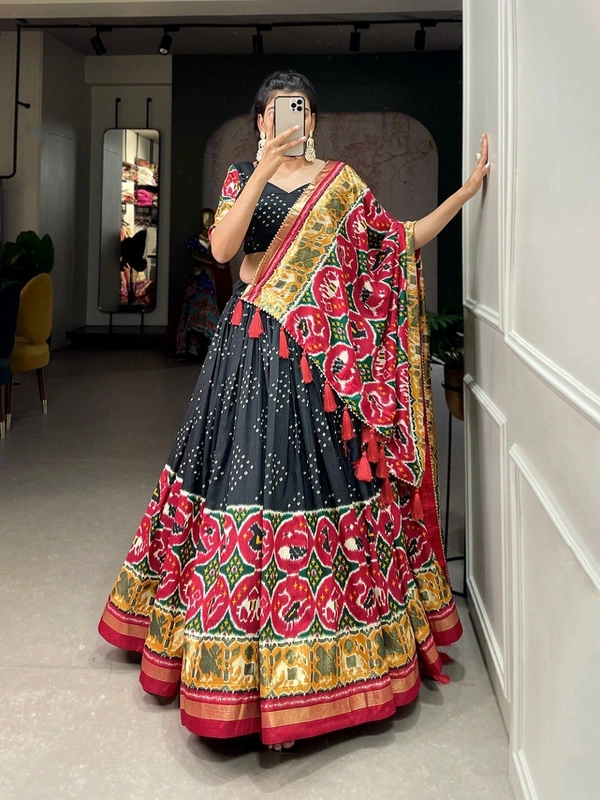 Azorte Fashion Tussar Silk Lehenga Choli | Patola Print & Foil Work | Perfect for Weddings & Festive Wear - Black, Stitched, Unstitched