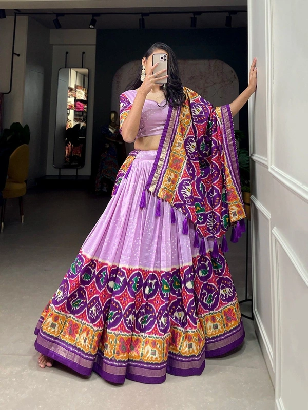 Azorte Fashion Tussar Silk Lehenga Choli | Patola Print & Foil Work | Perfect for Weddings & Festive Wear - Light Wisteria, Stitched, Unstitched