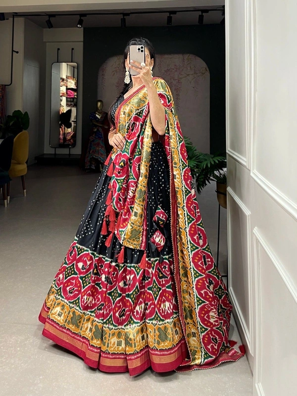 Azorte Fashion Tussar Silk Lehenga Choli | Patola Print & Foil Work | Perfect for Weddings & Festive Wear - Black, Stitched, Unstitched