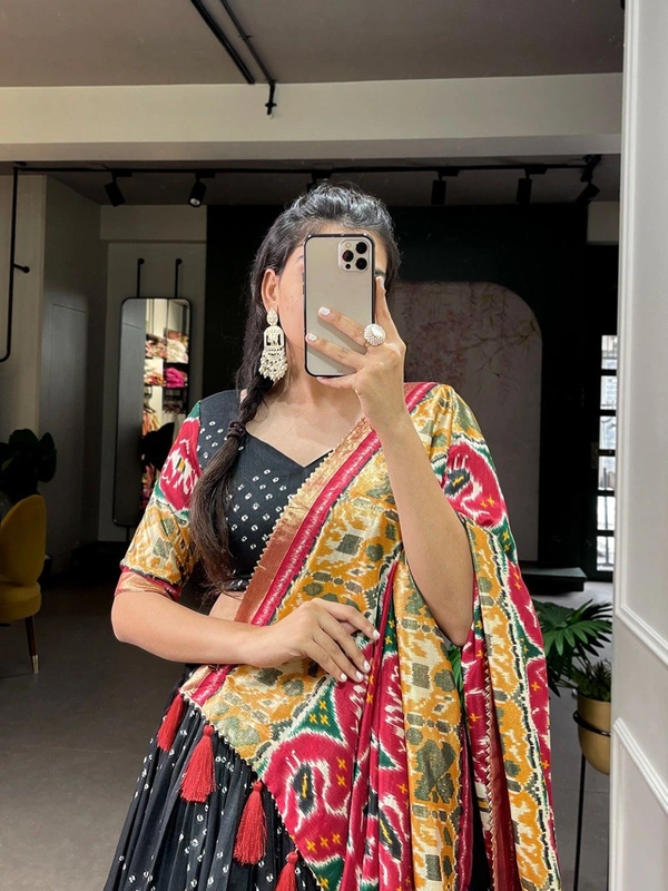 Azorte Fashion Tussar Silk Lehenga Choli | Patola Print & Foil Work | Perfect for Weddings & Festive Wear - Black, Stitched, Unstitched