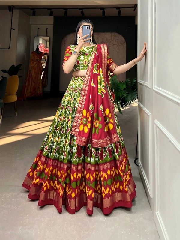 Azorte Fashion Tussar Silk Lehenga Choli | Patola Print & Foil Work | Festive & Wedding Wear - Stitched, Unstitched