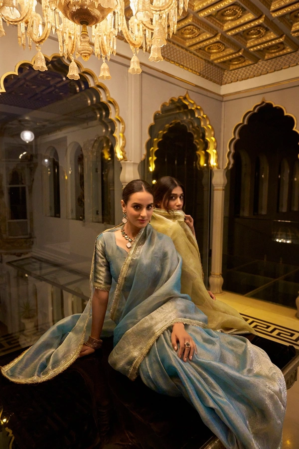 Azorte Fashion Tissue Shimmer Saree | Zari Weaving & Sequins | Festive Elegance - SBL, Unstitched