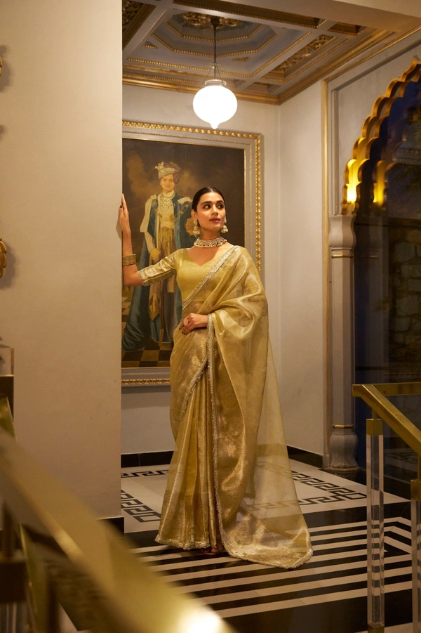 Azorte Fashion Tissue Shimmer Saree | Zari Weaving & Sequins | Festive Elegance - GLD, Unstitched