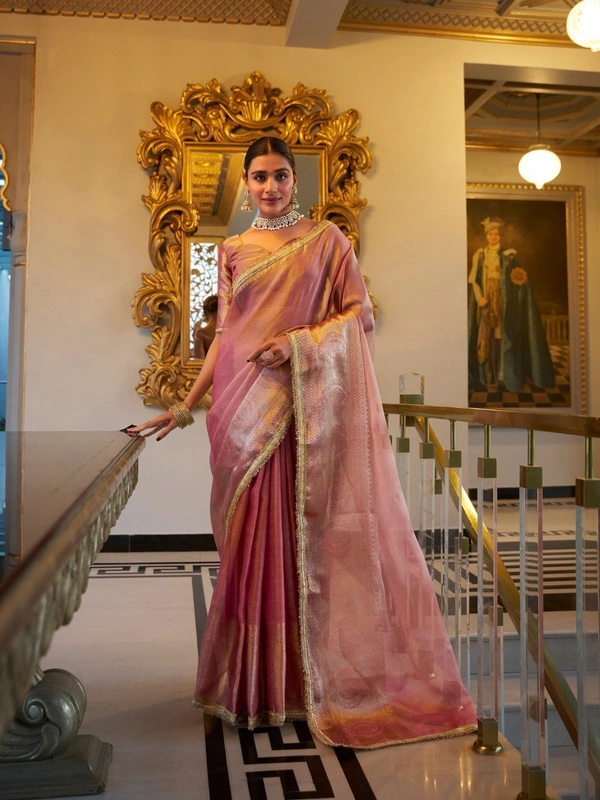Azorte Fashion Tissue Shimmer Saree | Zari Weaving & Sequins | Festive Elegance - LPI, Unstitched