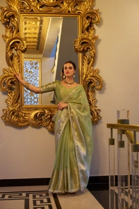 Azorte Fashion Tissue Shimmer Saree | Zari Weaving & Sequins | Festive Elegance - PST, Unstitched