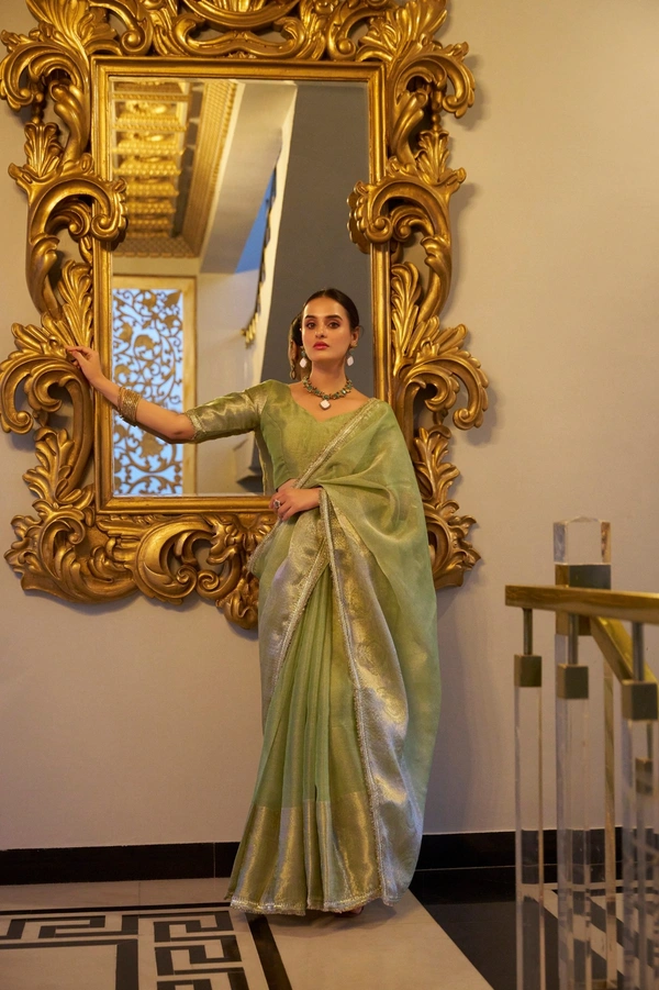 Azorte Fashion Tissue Shimmer Saree | Zari Weaving & Sequins | Festive Elegance - PST, Unstitched
