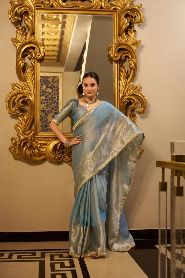 Azorte Fashion Tissue Shimmer Saree | Zari Weaving & Sequins | Festive Elegance - SBL, Unstitched
