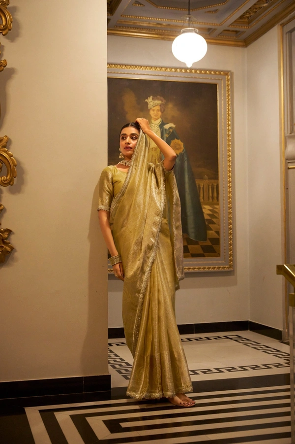 Azorte Fashion Tissue Shimmer Saree | Zari Weaving & Sequins | Festive Elegance - GLD, Unstitched