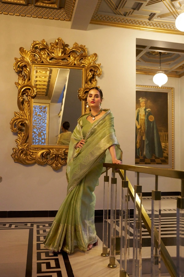 Azorte Fashion Tissue Shimmer Saree | Zari Weaving & Sequins | Festive Elegance - PST, Unstitched