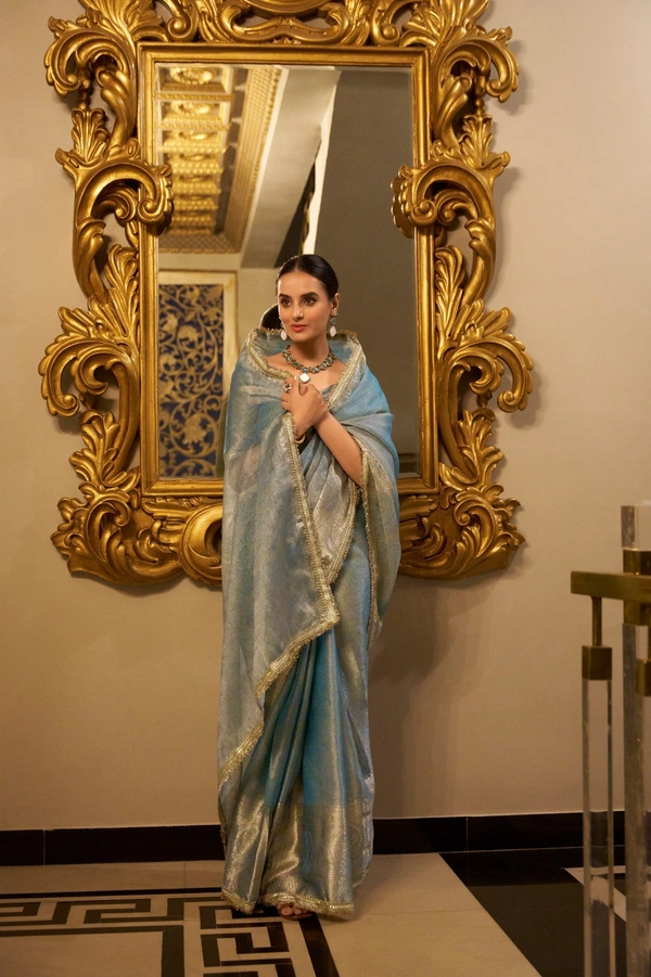 Azorte Fashion Tissue Shimmer Saree | Zari Weaving & Sequins | Festive Elegance - SBL, Unstitched