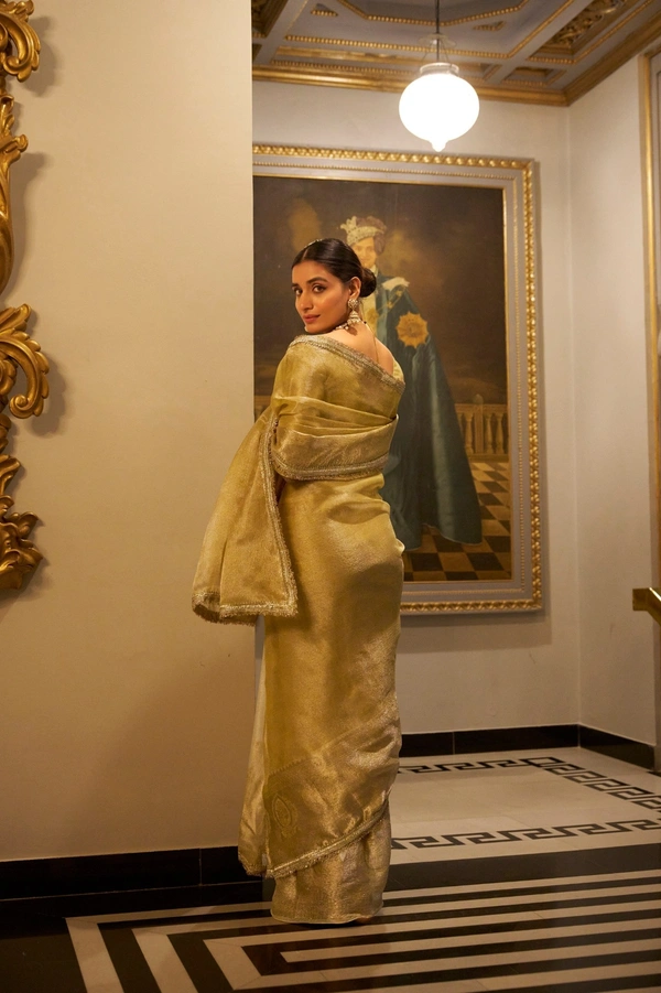 Azorte Fashion Tissue Shimmer Saree | Zari Weaving & Sequins | Festive Elegance - GLD, Unstitched
