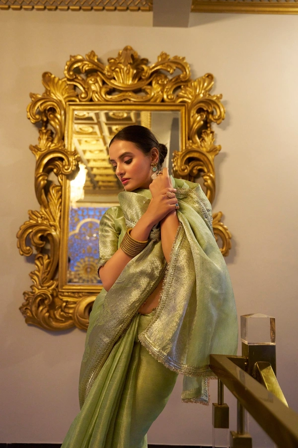 Azorte Fashion Tissue Shimmer Saree | Zari Weaving & Sequins | Festive Elegance - PST, Unstitched