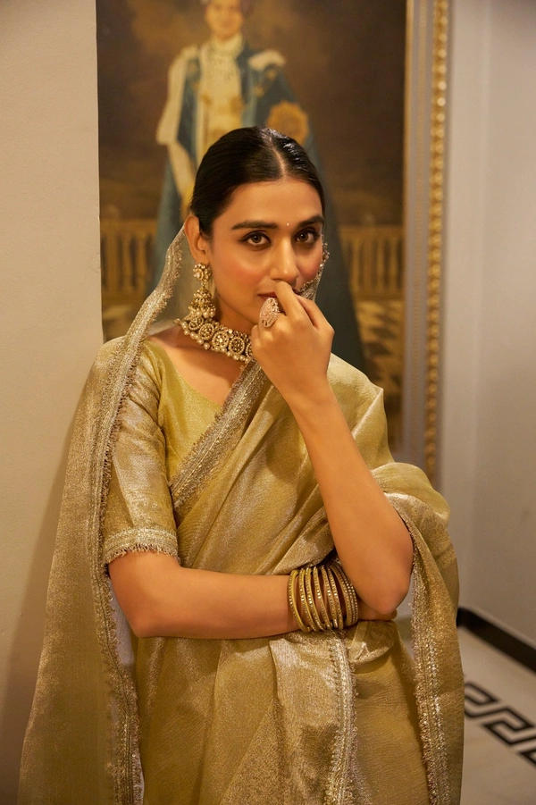 Azorte Fashion Tissue Shimmer Saree | Zari Weaving & Sequins | Festive Elegance - GLD, Unstitched