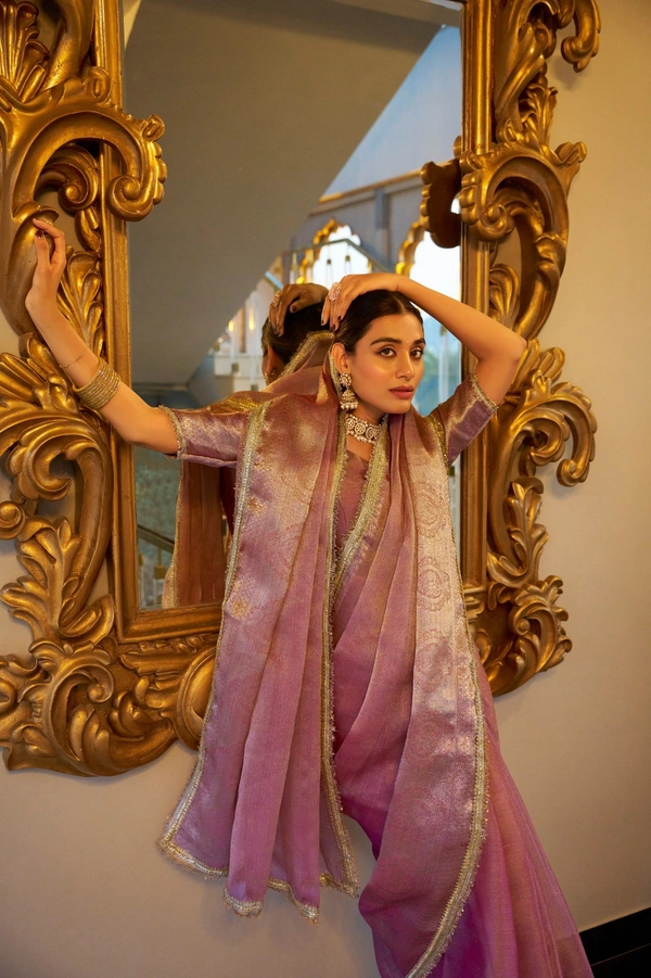 Azorte Fashion Tissue Shimmer Saree | Zari Weaving & Sequins | Festive Elegance - LPI, Unstitched